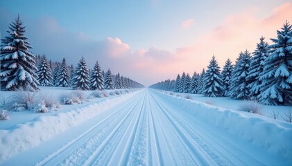 Obraz premium The road disappears into the distance covered in thick layer of snow, frost, winter scenery, cold weather