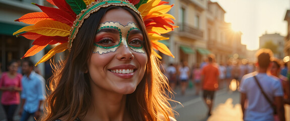 Joyful young woman in carnival makeup on Rio street at sunset, celebration