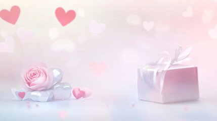 Love concept, A soft focus pastel Valentine&rsquo;s Day design with hearts, roses, and a romantic gift box,  Generative ai