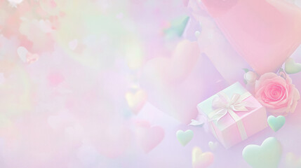 Love concept, A soft focus pastel Valentine&rsquo;s Day design with hearts, roses, and a romantic gift box,  Generative ai