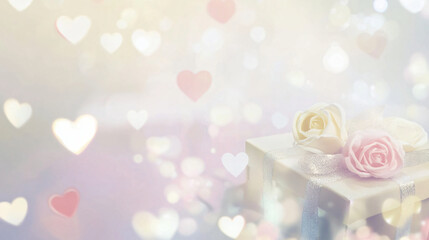 Love concept, A soft focus pastel Valentine&rsquo;s Day design with hearts, roses, and a romantic gift box,  Generative ai