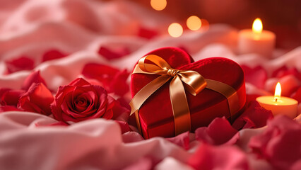 A vibrant red rose and candle nestled in a gold gift box with a red ribbon and bow, perfect for Valentine's Day, birthdays, or any romantic celebration