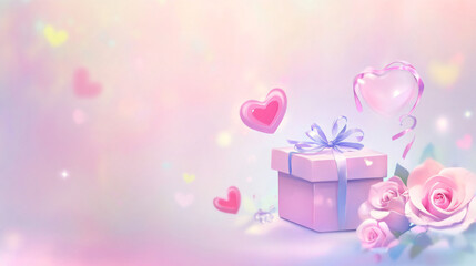 Love concept, A soft focus pastel Valentine&rsquo;s Day design with hearts, roses, and a romantic gift box,  Generative ai