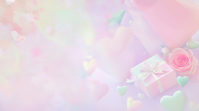 Love concept, A soft focus pastel Valentine&rsquo;s Day design with hearts, roses, and a romantic gift box,  Generative ai