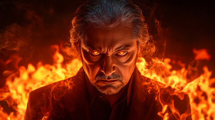 fiery portrait of a menacing man engulfed in flames. His intense gaze and stern expression create a dramatic and haunting image.