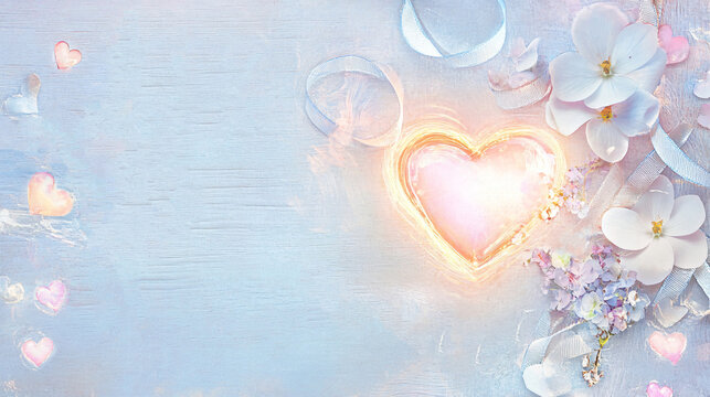 valentine day, Love concept , a glowing heart, delicate flowers, and ribbons, with room for text , Generative ai