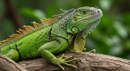 Obraz premium A vibrant green iguana resting on a tree branch, showcasing its textured scales, spines, and sharp claws, with a lush green background.