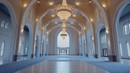 Fototapeta premium Elegant Mosque Interior With Grand Chandelier And Archways