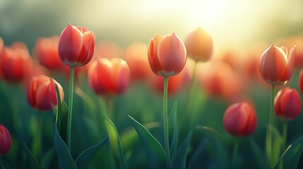 Fototapeta premium Sunset tulips field, spring bloom, nature background
