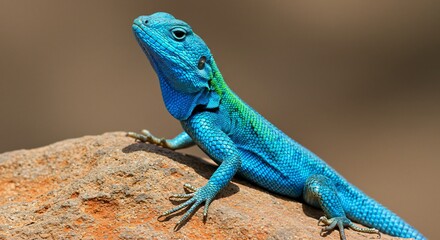 Fototapeta premium A vivid blue and green lizard with intricate scales, perched on a rocky surface against a blurred neutral background.