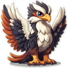 Obraz premium Cartoonish Griffin Creature with Multicolored Feathers and Sharp Talons, Isolated on White Background