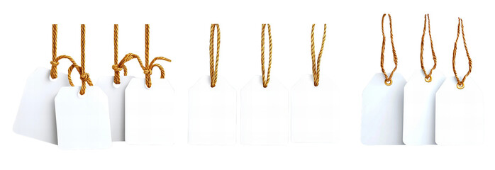Blank white tags with twine strings for labeling and organizing isolated on transparent PNG background