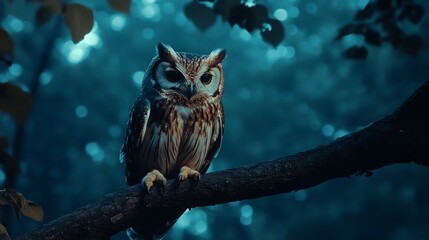 A majestic owl perched on a branch at dusk.  Its feathers are beautifully detailed against the soft blue background.
