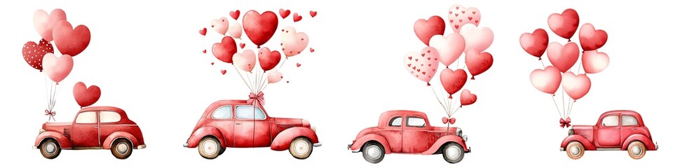 Valentine vehicles watercolor collection. Four red cars with heart-shaped balloons, symbolizing love and celebration.