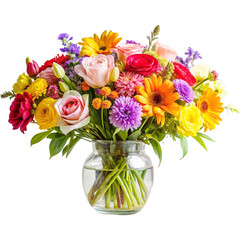 Bright and colorful bouquet of flowers in a clear glass vase isolated on transparent background
