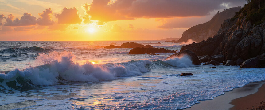 Ocean waves crashing at sunset on rocky shore, natural beauty - Powered by Adobe