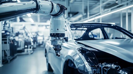 A robotic arm performing detailed painting in a high-end car customization workshop, clean and sophisticated environment with a focus on automotive aesthetics, Automotive style