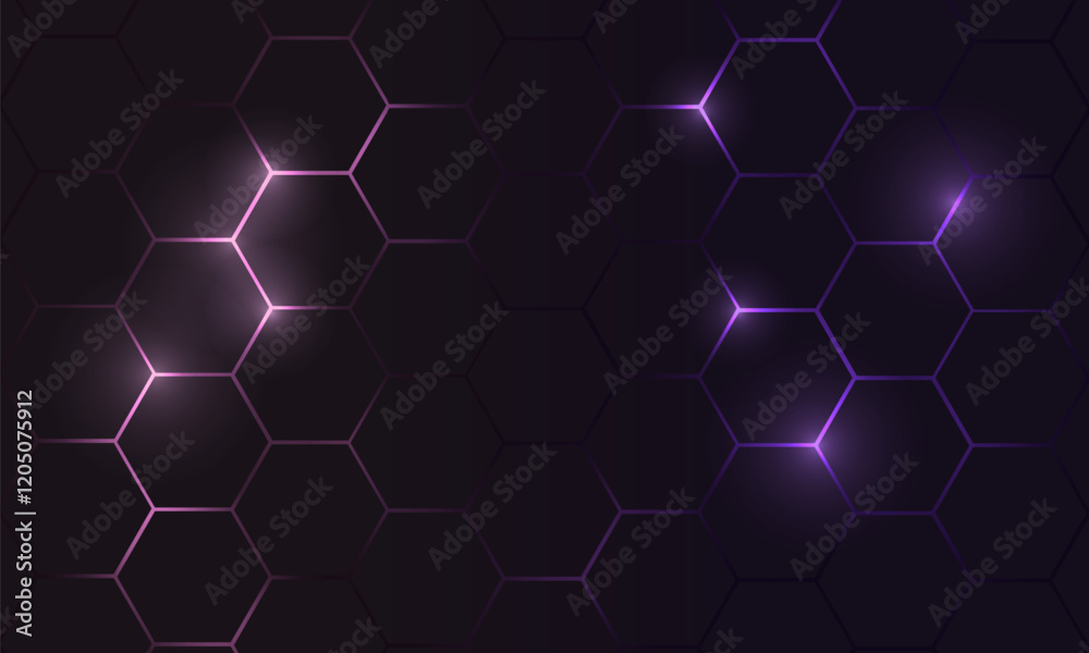 Poster Hexagon technology futuristic dark vector abstract background with purple and pink colored bright flashes under hexagon. Hexagonal gaming honeycomb tech abstract background.
