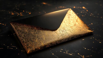A luxurious golden envelope with delicate patterns on a sleek black surface highlighting elegance and sophistication
