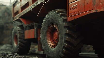 Obraz premium A Red Dump Truck Tire Close Up Showing Detail
