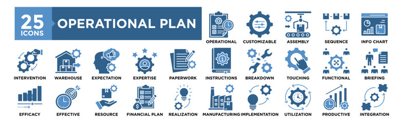 Operational Plan icon collection set. Containing design business, management, strategy, process, plan, development	