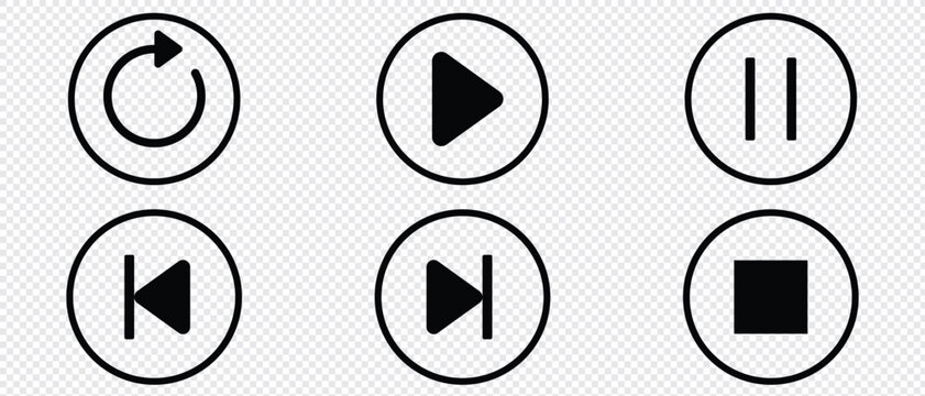 Player button icon set. Elements for play streaming. Button icons. symbols for playback. Start audio or video action media symbol.Isolate on transporent background.