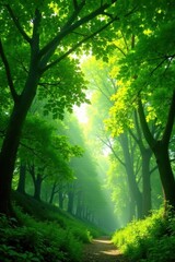 Naklejka premium Leafy canopy overhead with dappled light filtering, light, foliage, verdant