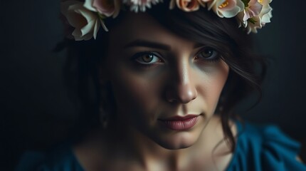 Naklejka premium Close-up portrait of a young woman wearing a flower crown. (2)