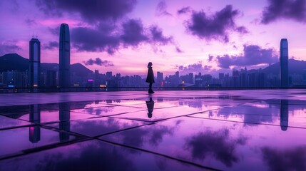 Silhouette of Woman Against Purple Dusk City Skyline Stunning Reflection Urban Environment Dreamy Atmosphere