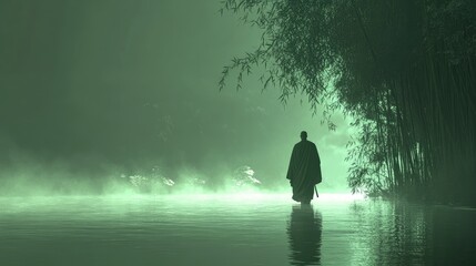 Fototapeta premium Monk Walking Through Misty Water Towards Bamboo