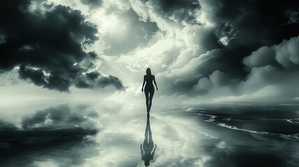 Surreal Figure Walking on White Salt Flats Ethereal Landscape Digital Art Minimalist Environment Dramatic Viewpoint