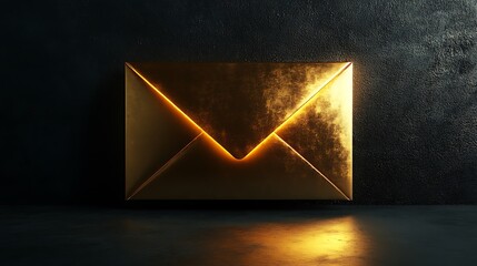 A glossy golden envelope with a soft glow placed on a black surface conveying an air of sophistication