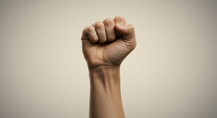 A close-up of a clenched fist raised in the air, symbolizing strength, determination, or solidarity, against a neutral beige background.