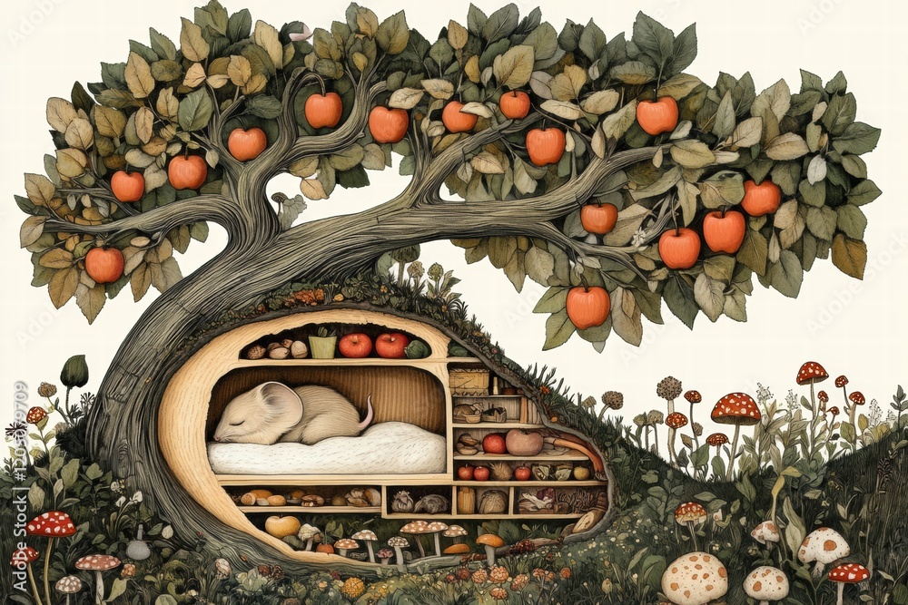 Aufkleber cozy woodland scene with a sleeping mouse in a tree hollow surrounded by apples and colorful flora. 