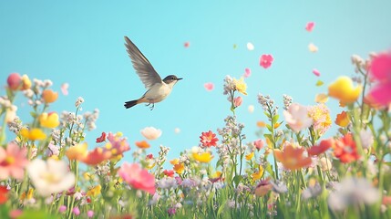 Bird in Flight Over Vibrant Wildflower Meadow