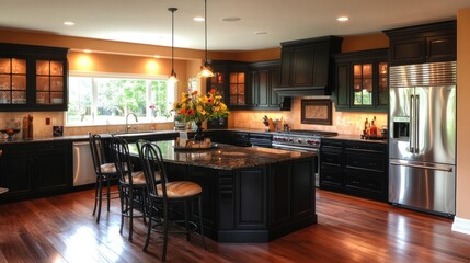 Elegant Kitchen Interior with Dark Cabinets and Stainless Steel Appliances