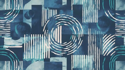 Contemporary art seamless pattern background. Abstract grunge geometric shapes. Watercolor hand drawn indigo circles, rectangles, squares texture. Watercolour print for textile, wallpaper, wrapping.