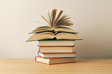 Fototapeta premium A stack of five books with the top one open on a wooden table and a plain background.