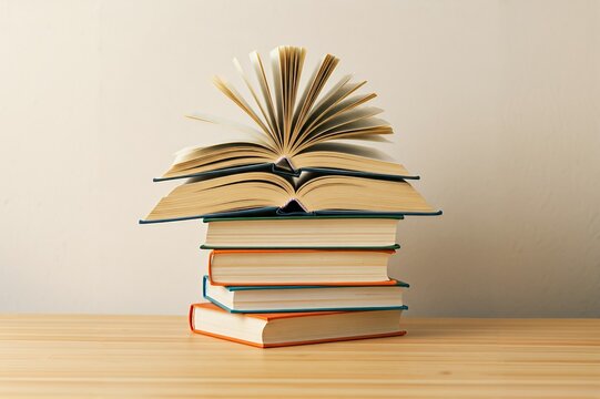 A stack of five books with the top one open on a wooden table and a plain background.