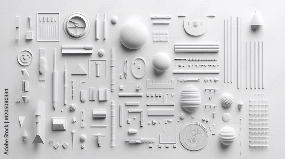 Poster white geometric shapes and forms arranged on a white background.