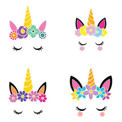 Happy Unicorn Face With Floral vector illustration, Unicorn face clipart design
