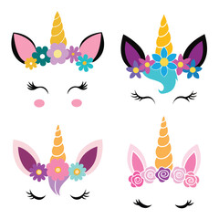 Happy Unicorn Face With Floral vector illustration, Unicorn face clipart design
