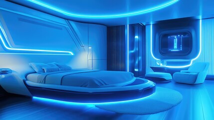 Futuristic Bedroom Design With Blue Neon Lighting