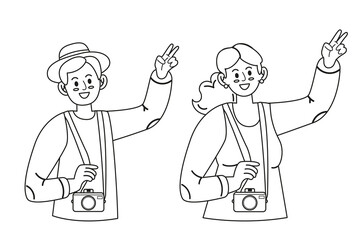 Woman and man black and white traveling with camera hand drawn