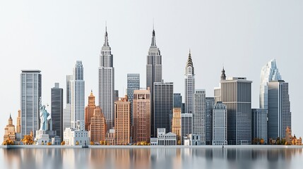 Obraz premium Stylized cityscape skyline with iconic buildings reflected in water.