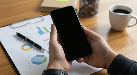 A person holding a smartphone with a black screen over a desk with charts, a pen, and a cup of coffee, suggesting a workspace setup.