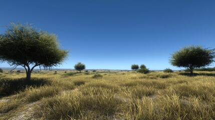 Obraz premium Savanna landscape, acacia trees, dry grass, clear sky, travel brochure