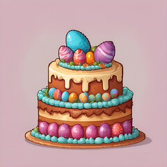 Festive Easter cake with icing and chocolate eggs on a wooden plate. Colorful illustration on a pink background in pixel style.