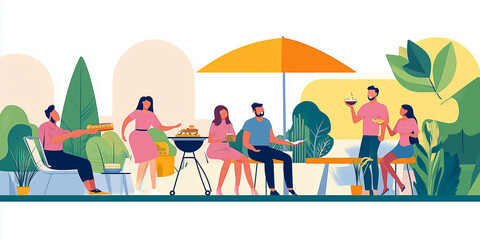 Fototapeta premium Eine Gruppe von Leuten grillt in ihrem Garten – eine glückliche Familie ist gemeinsam. Grillen, Familienleben, Essen,Barbeque, Steak