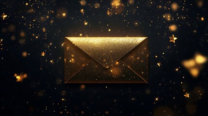 A beautifully detailed golden envelope with a metallic finish resting on a black backdrop highlighting sophistication and class